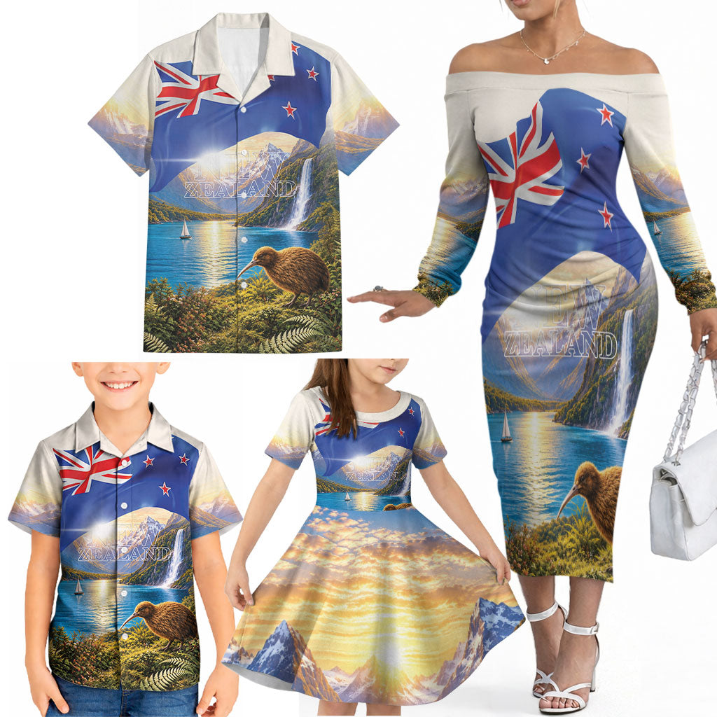 New Zealand Flag Family Matching Off The Shoulder Long Sleeve Dress and Hawaiian Shirt Scenic Nature