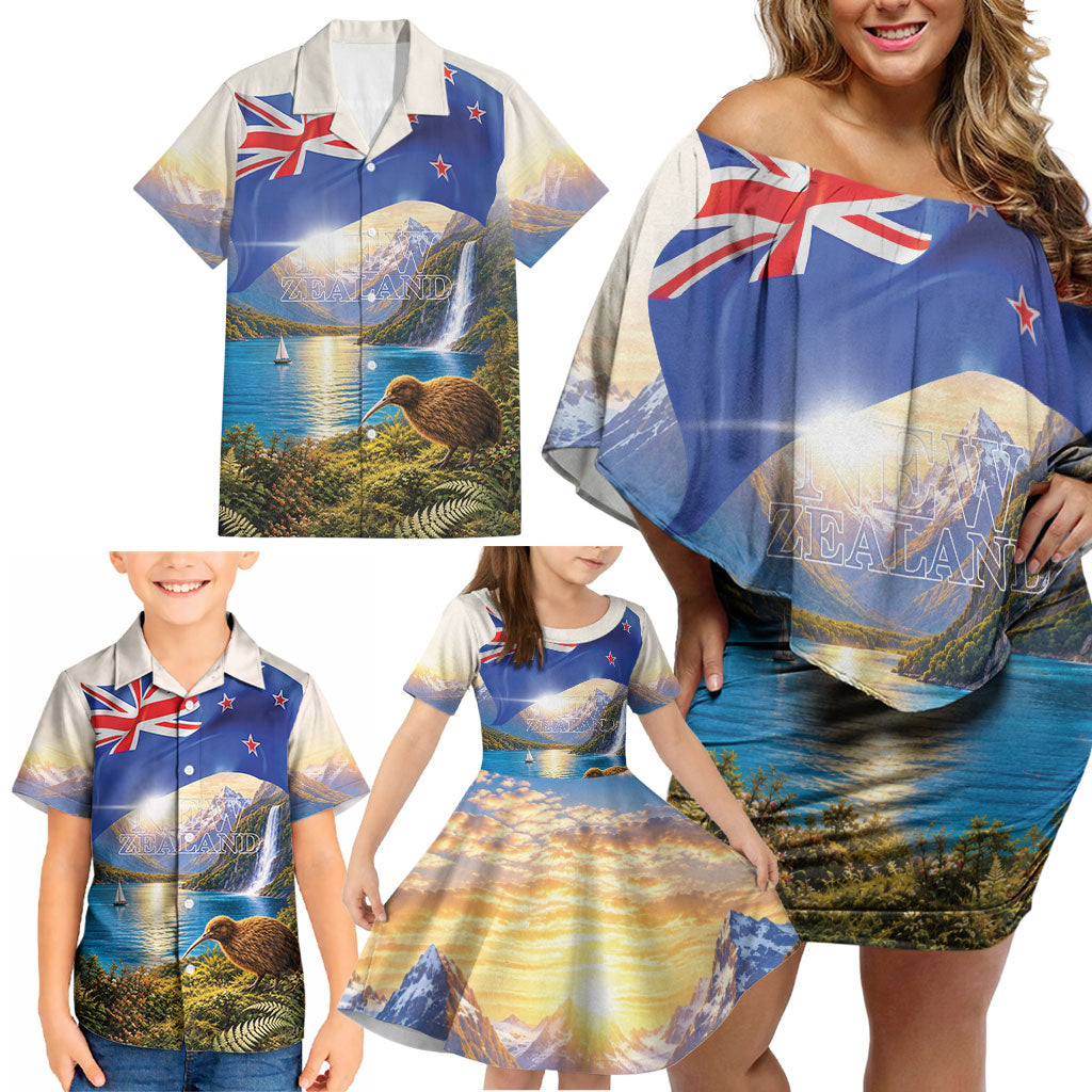New Zealand Flag Family Matching Off Shoulder Short Dress and Hawaiian Shirt Scenic Nature