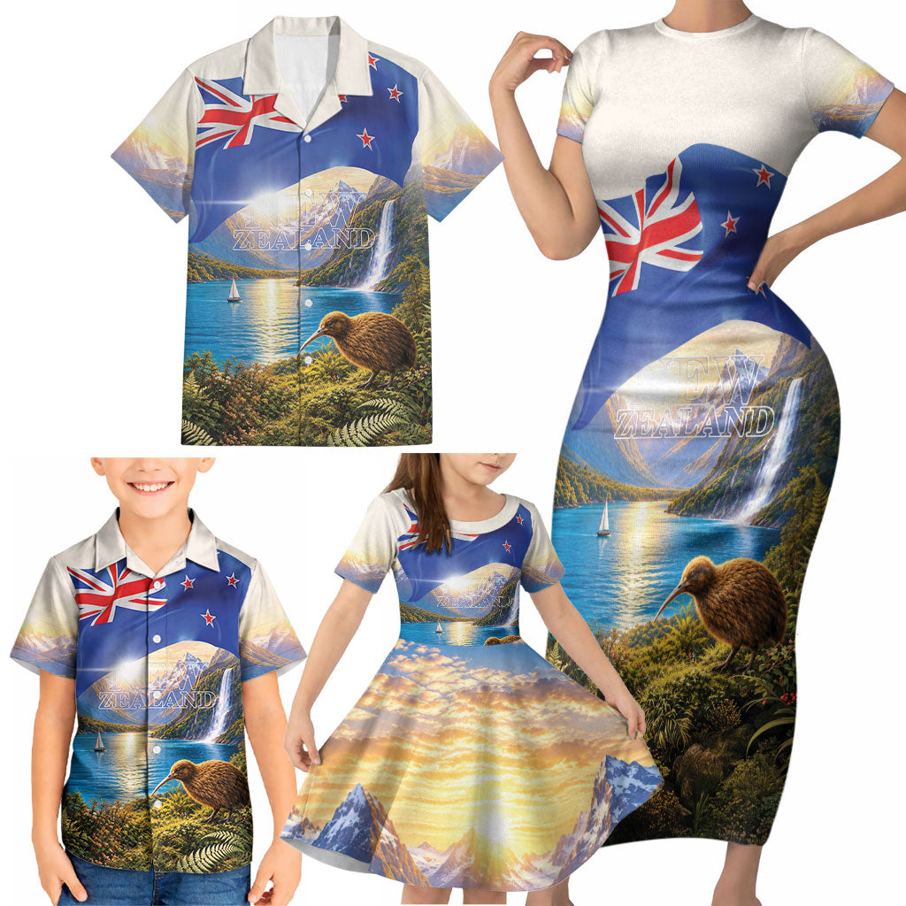 New Zealand Flag Family Matching Short Sleeve Bodycon Dress and Hawaiian Shirt Scenic Nature