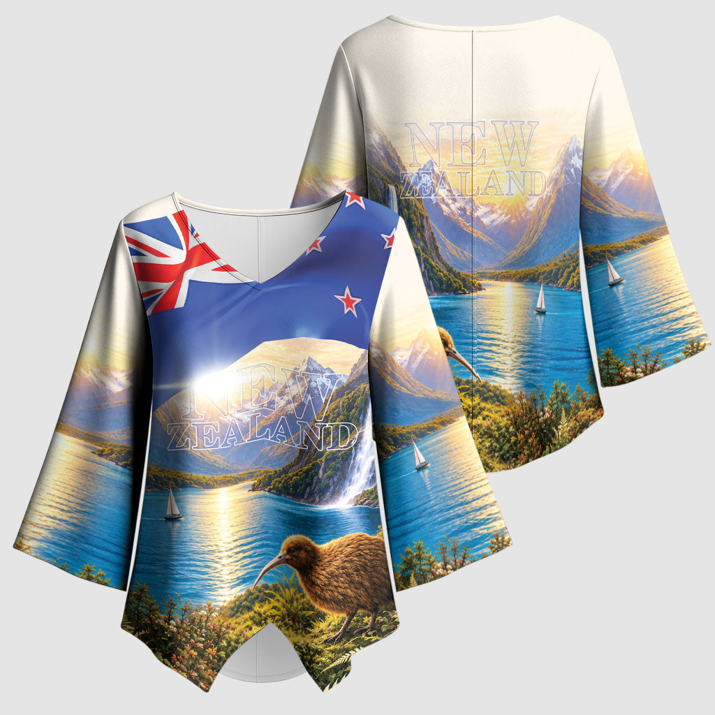 New Zealand Flag Kimono Sleeve Blouse Scenic Nature