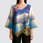 New Zealand Flag Kimono Sleeve Blouse Scenic Nature