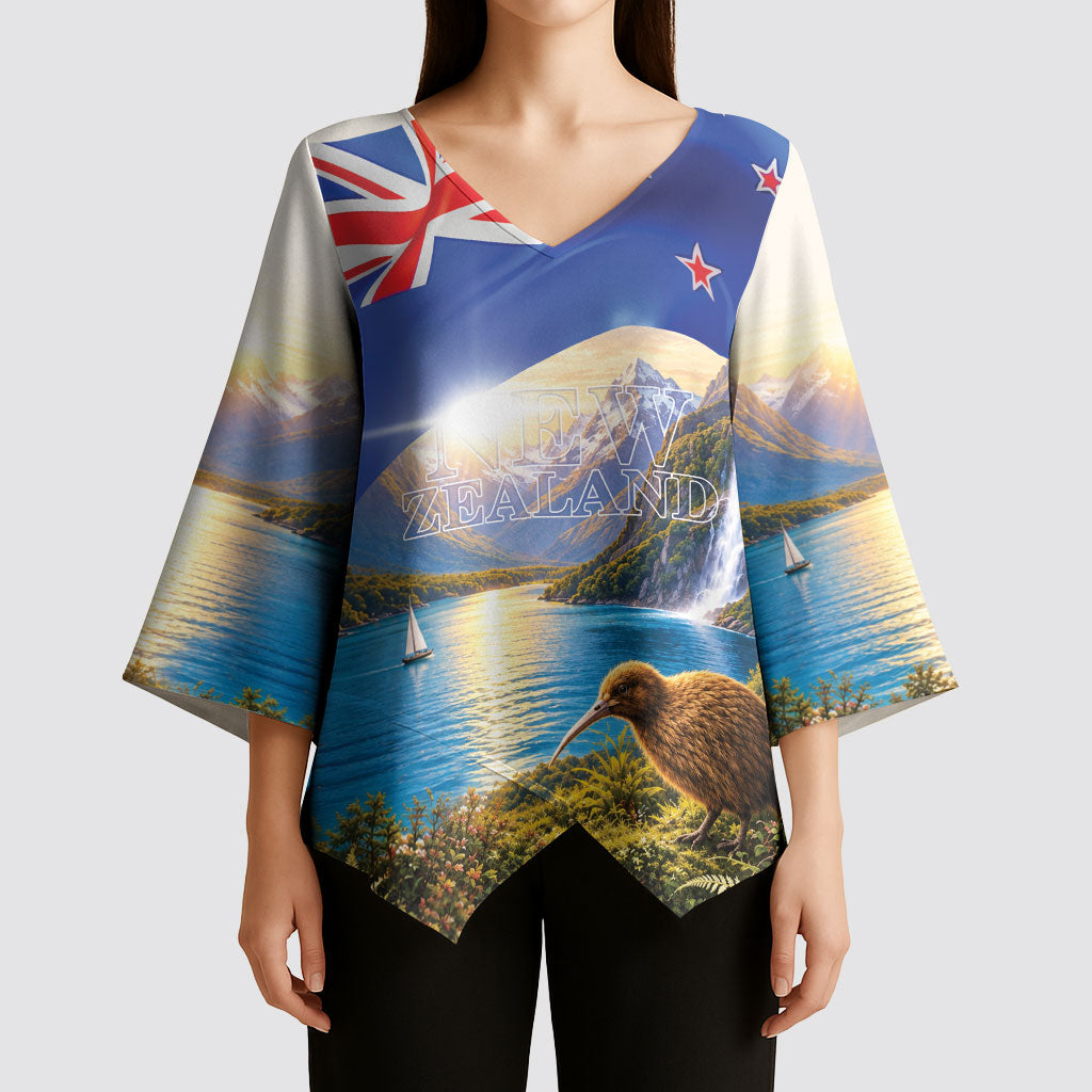 New Zealand Flag Kimono Sleeve Blouse Scenic Nature