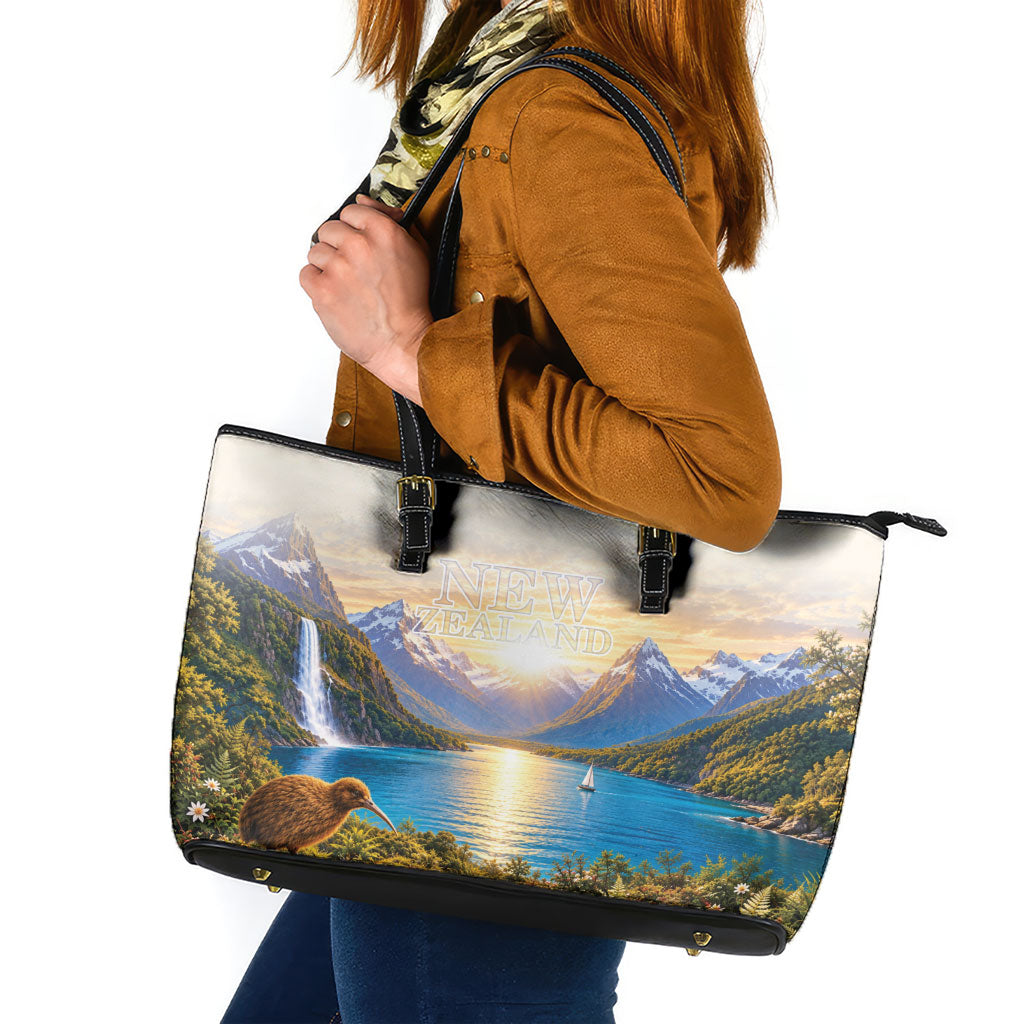 New Zealand Flag Leather Tote Bag Scenic Nature