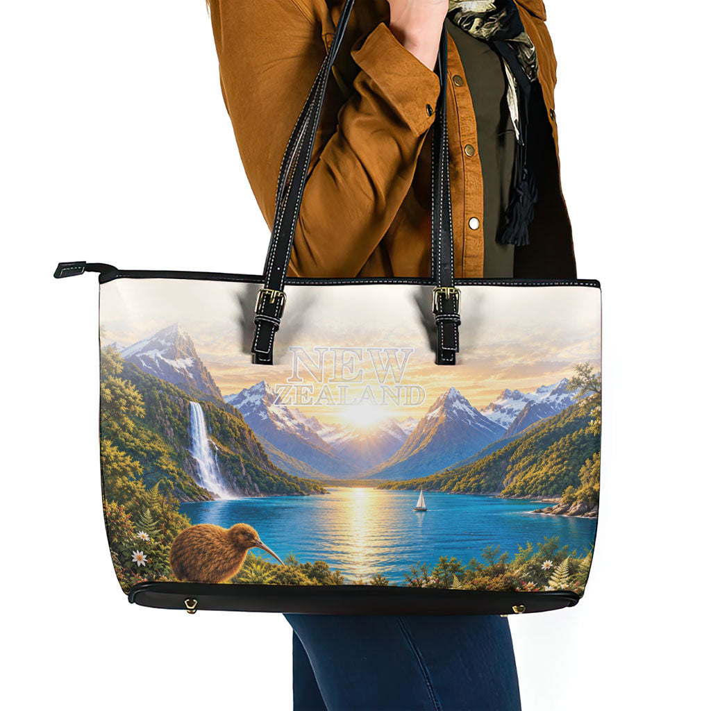 New Zealand Flag Leather Tote Bag Scenic Nature