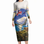 New Zealand Flag Long Sleeve Bodycon Dress Scenic Nature