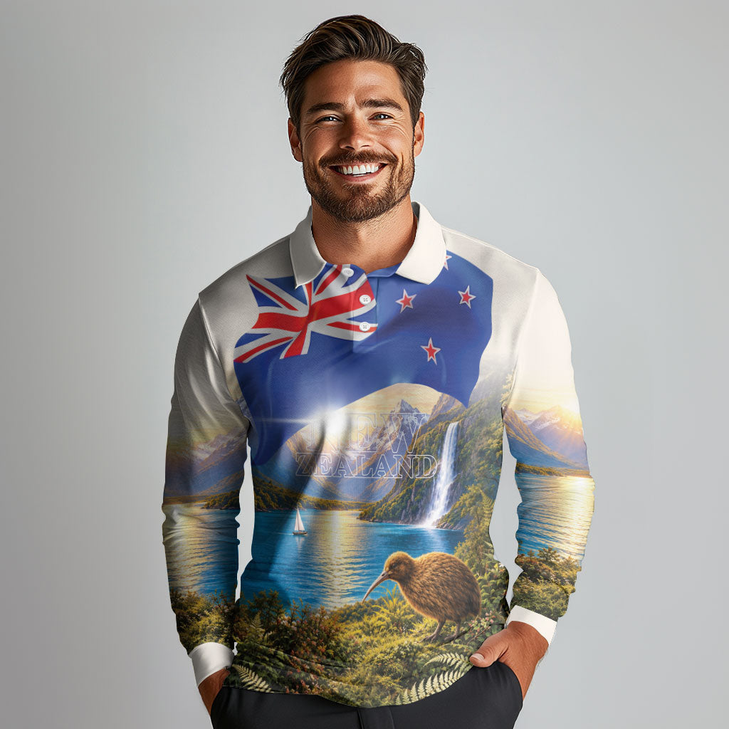 New Zealand Flag Long Sleeve Polo Shirt Scenic Nature
