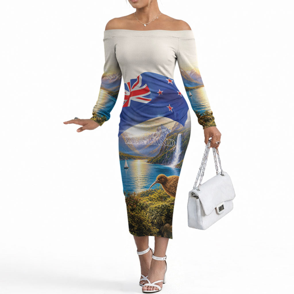 New Zealand Flag Off The Shoulder Long Sleeve Dress Scenic Nature