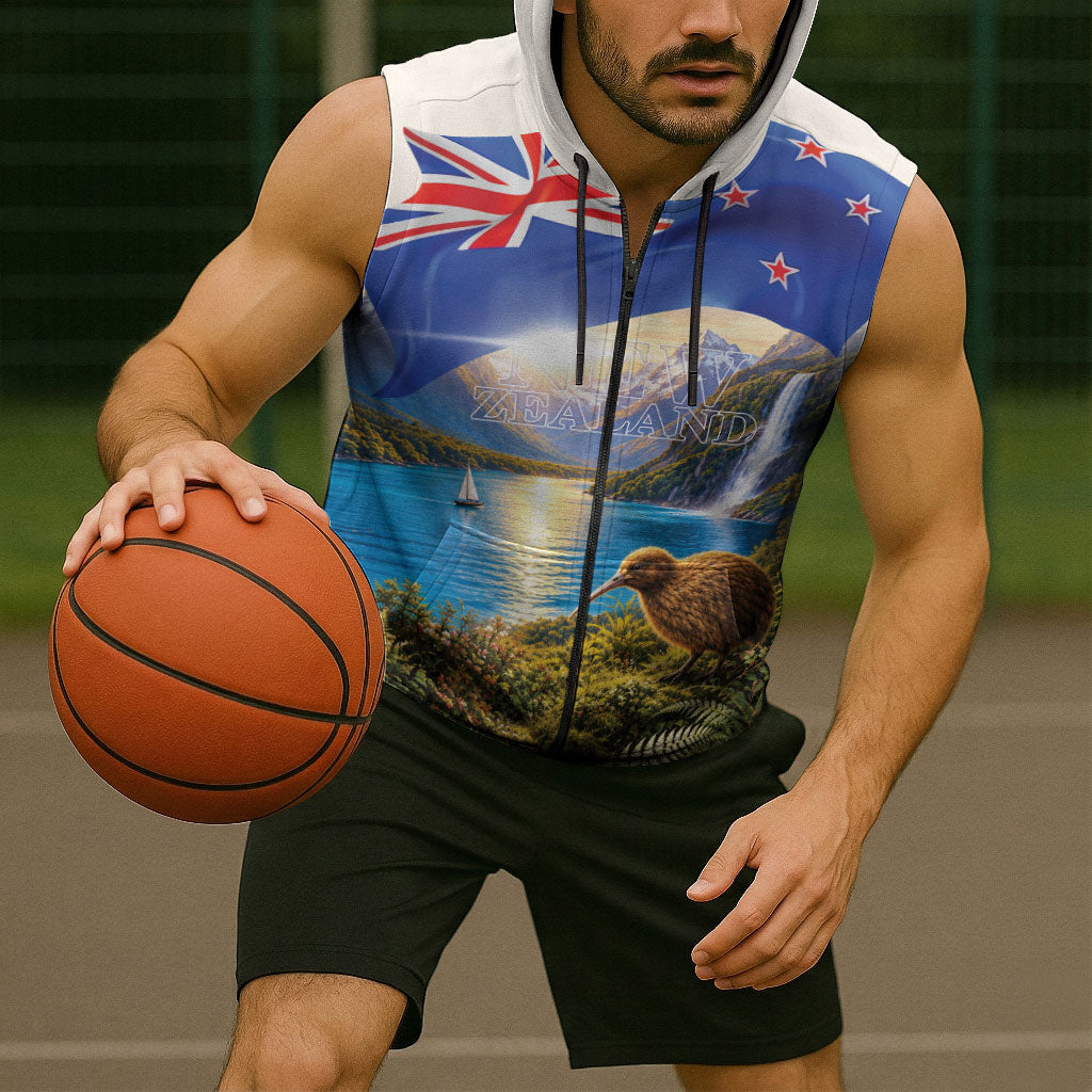 New Zealand Flag Sleeveless Zip Hoodie Scenic Nature