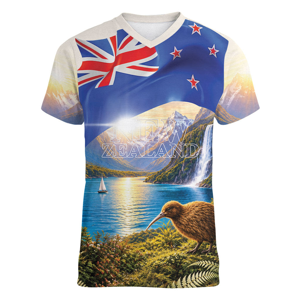 New Zealand Flag Women V-Neck T-Shirt Scenic Nature