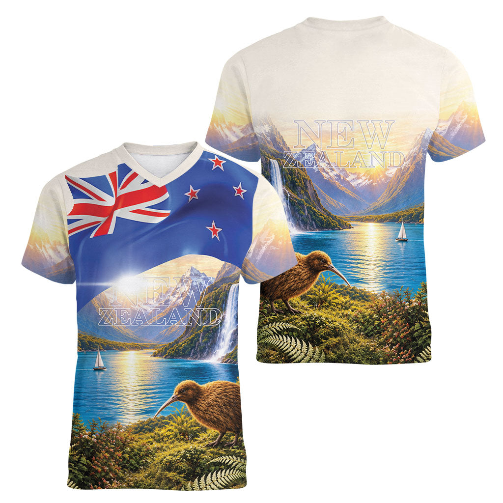 New Zealand Flag Women V-Neck T-Shirt Scenic Nature