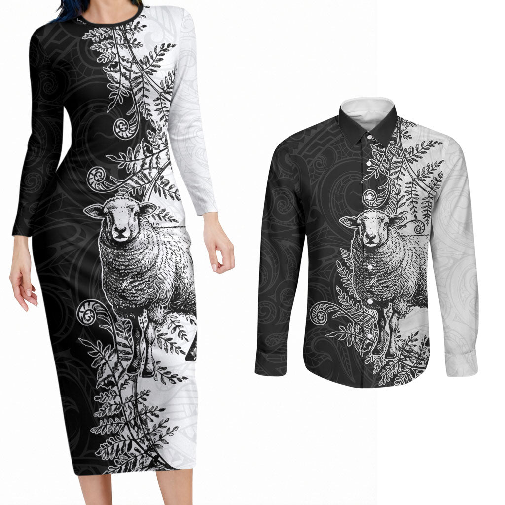 New Zealand Aotearoa Hipi Couples Matching Long Sleeve Bodycon Dress and Long Sleeve Button Shirt Maori Pattern