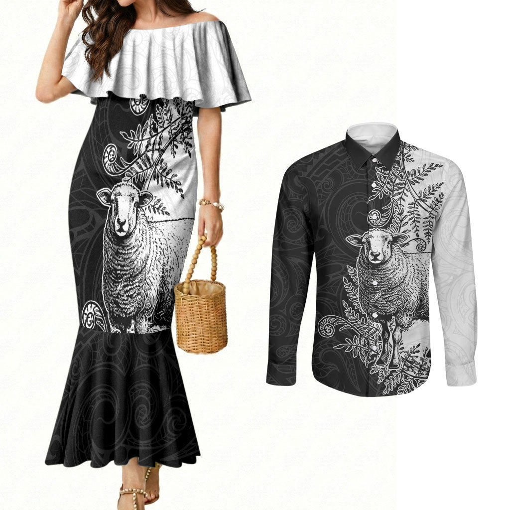 New Zealand Aotearoa Hipi Couples Matching Mermaid Dress and Long Sleeve Button Shirt Maori Pattern