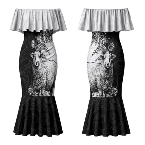 New Zealand Aotearoa Hipi Couples Matching Mermaid Dress and Long Sleeve Button Shirt Maori Pattern