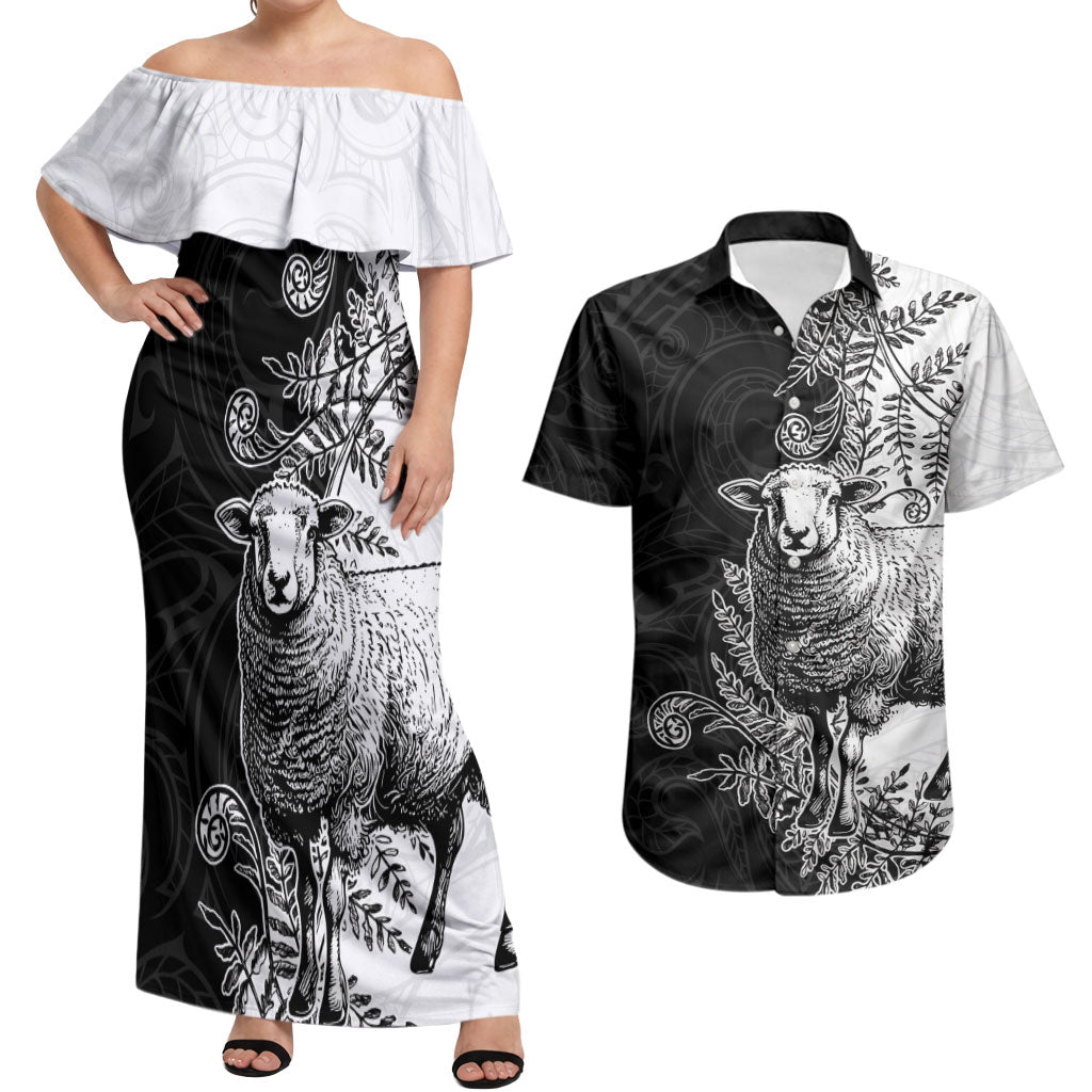 New Zealand Aotearoa Hipi Couples Matching Off Shoulder Maxi Dress and Hawaiian Shirt Maori Pattern