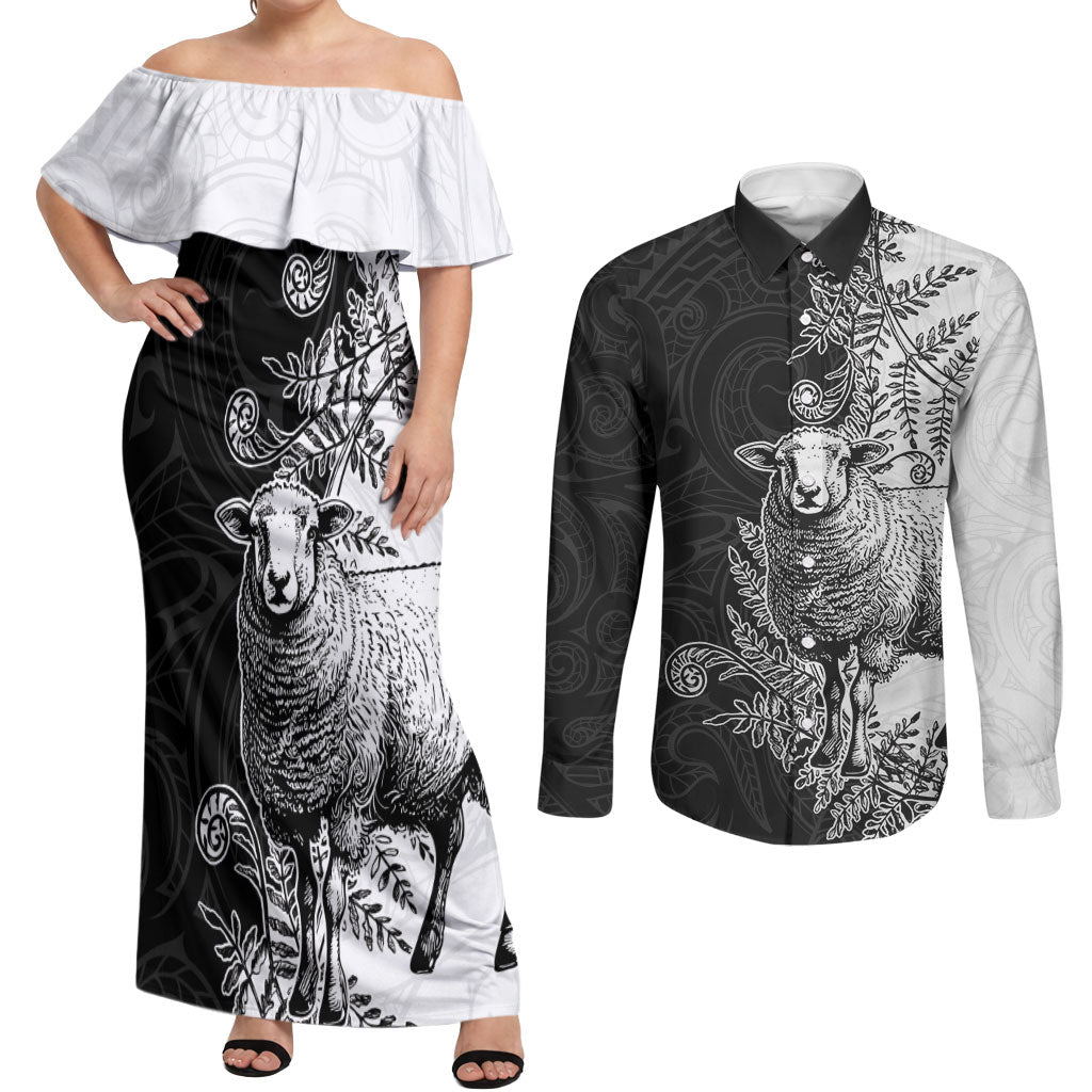 New Zealand Aotearoa Hipi Couples Matching Off Shoulder Maxi Dress and Long Sleeve Button Shirt Maori Pattern