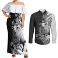 New Zealand Aotearoa Hipi Couples Matching Off Shoulder Maxi Dress and Long Sleeve Button Shirt Maori Pattern