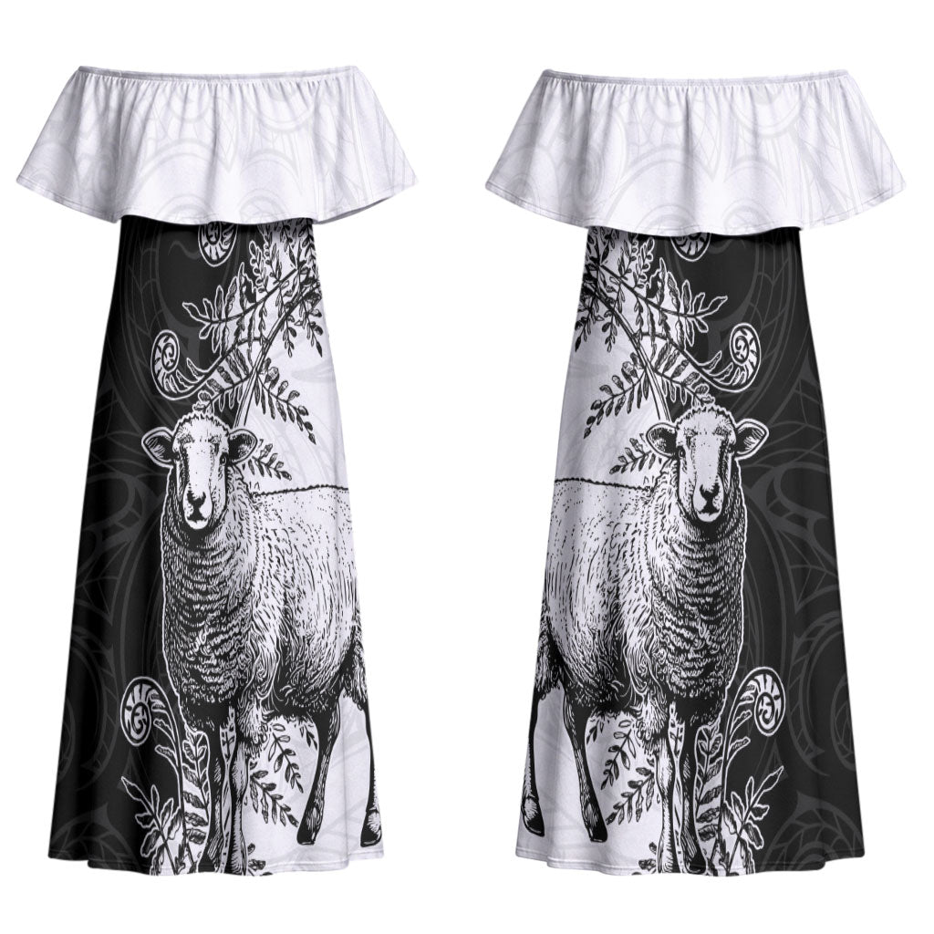 New Zealand Aotearoa Hipi Couples Matching Off Shoulder Maxi Dress and Long Sleeve Button Shirt Maori Pattern