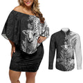 New Zealand Aotearoa Hipi Couples Matching Off Shoulder Short Dress and Long Sleeve Button Shirt Maori Pattern