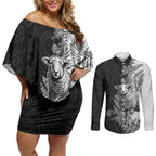 New Zealand Aotearoa Hipi Couples Matching Off Shoulder Short Dress and Long Sleeve Button Shirt Maori Pattern