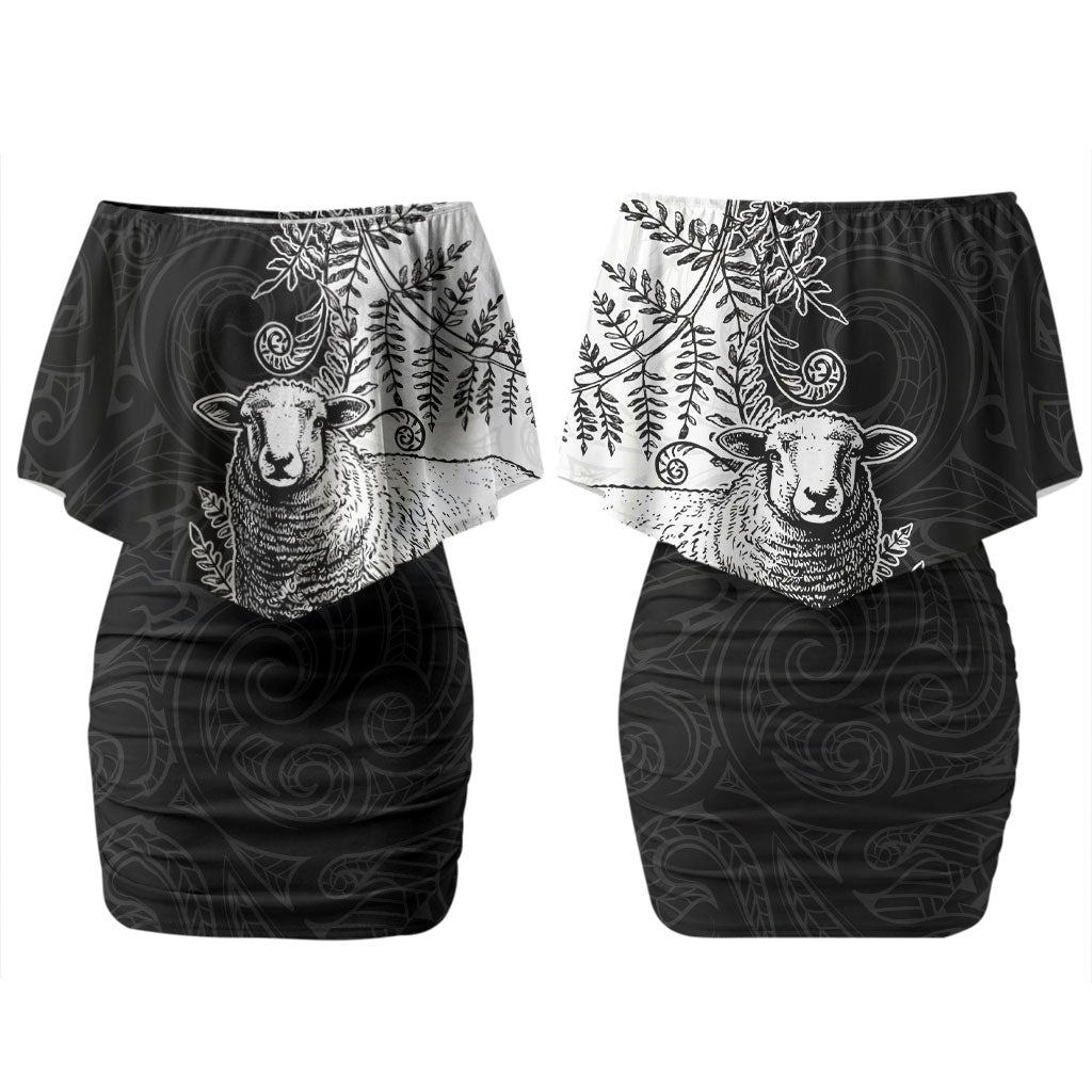 New Zealand Aotearoa Hipi Couples Matching Off Shoulder Short Dress and Long Sleeve Button Shirt Maori Pattern