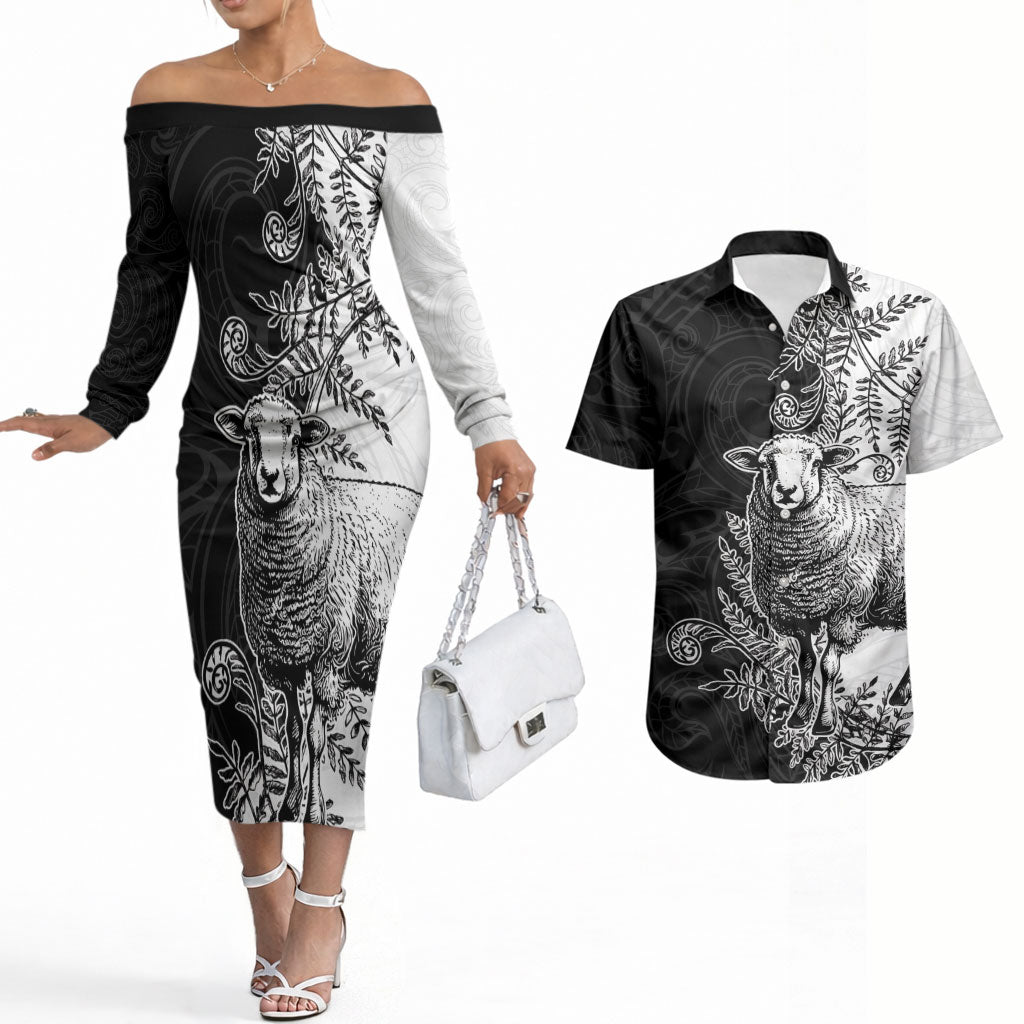 New Zealand Aotearoa Hipi Couples Matching Off The Shoulder Long Sleeve Dress and Hawaiian Shirt Maori Pattern