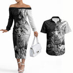New Zealand Aotearoa Hipi Couples Matching Off The Shoulder Long Sleeve Dress and Hawaiian Shirt Maori Pattern