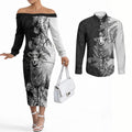 New Zealand Aotearoa Hipi Couples Matching Off The Shoulder Long Sleeve Dress and Long Sleeve Button Shirt Maori Pattern