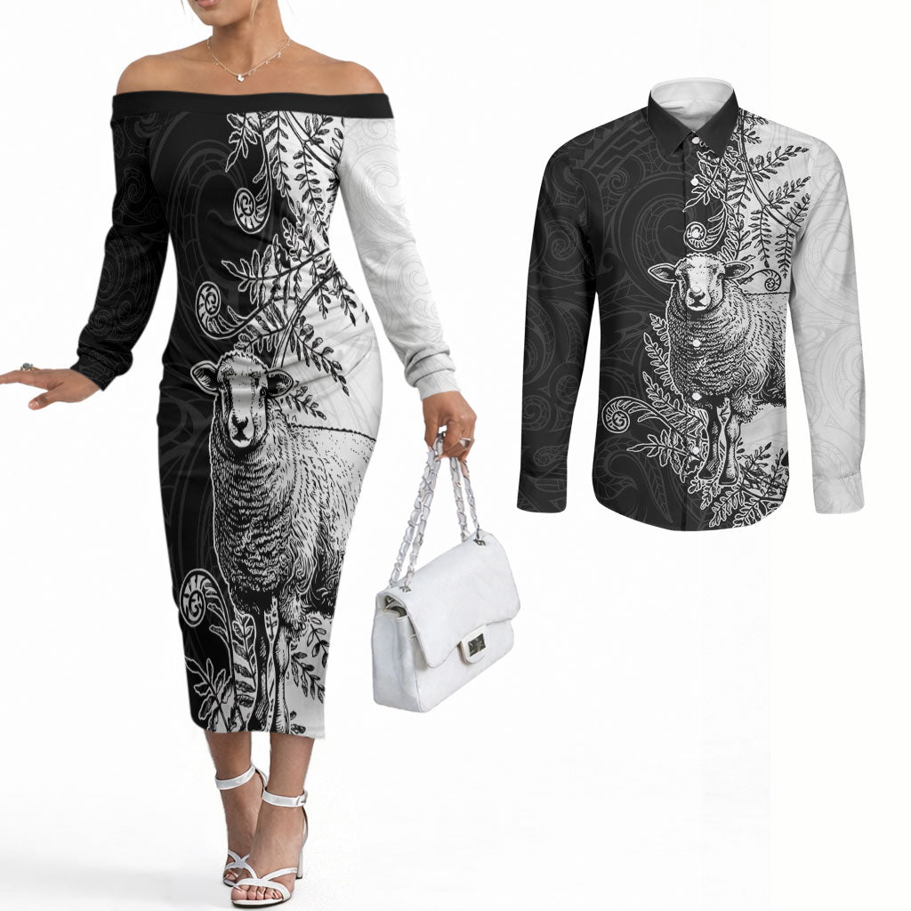 New Zealand Aotearoa Hipi Couples Matching Off The Shoulder Long Sleeve Dress and Long Sleeve Button Shirt Maori Pattern