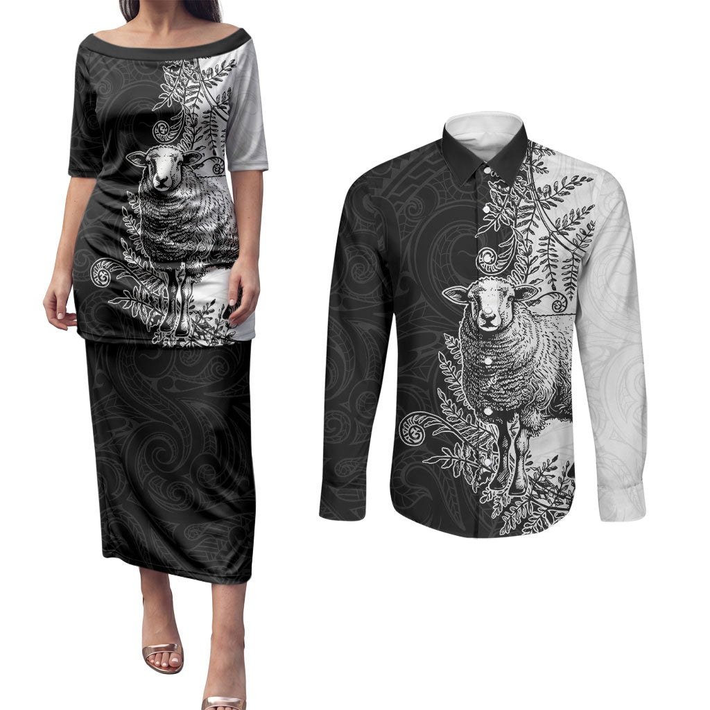 New Zealand Aotearoa Hipi Couples Matching Puletasi and Long Sleeve Button Shirt Maori Pattern