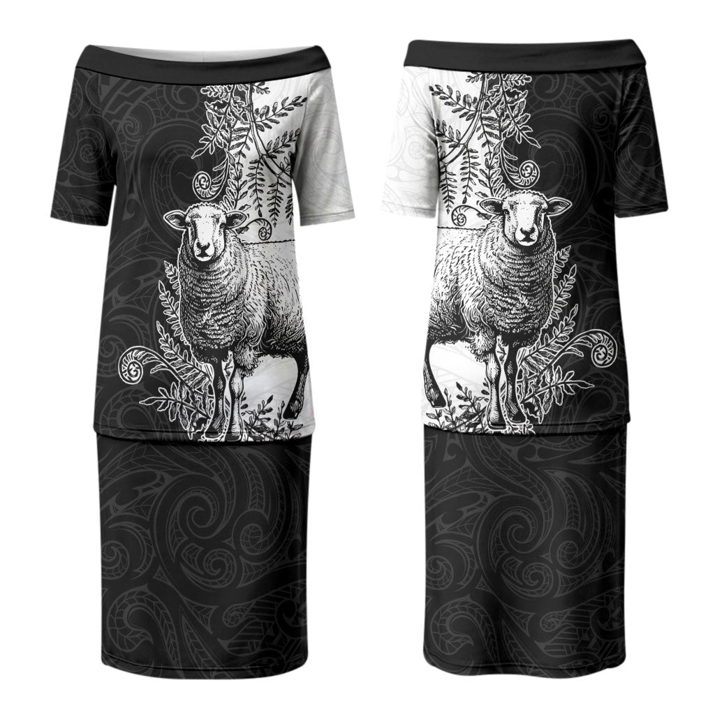 New Zealand Aotearoa Hipi Couples Matching Puletasi and Long Sleeve Button Shirt Maori Pattern