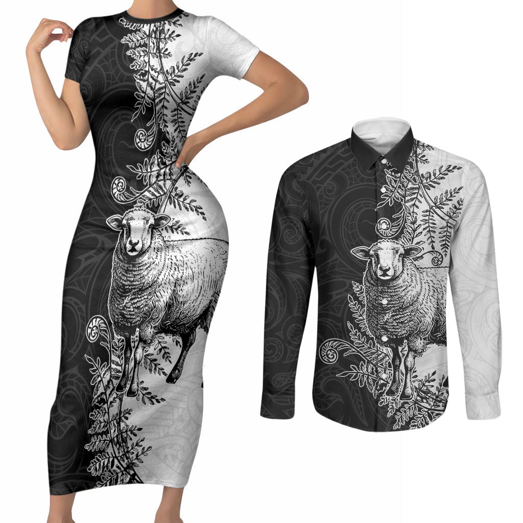 New Zealand Aotearoa Hipi Couples Matching Short Sleeve Bodycon Dress and Long Sleeve Button Shirt Maori Pattern