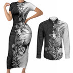 New Zealand Aotearoa Hipi Couples Matching Short Sleeve Bodycon Dress and Long Sleeve Button Shirt Maori Pattern