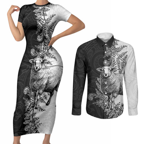 New Zealand Aotearoa Hipi Couples Matching Short Sleeve Bodycon Dress and Long Sleeve Button Shirt Maori Pattern