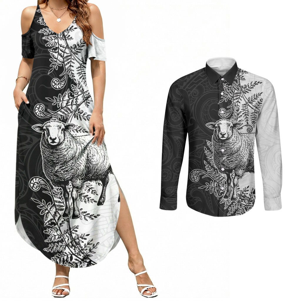 New Zealand Aotearoa Hipi Couples Matching Summer Maxi Dress and Long Sleeve Button Shirt Maori Pattern