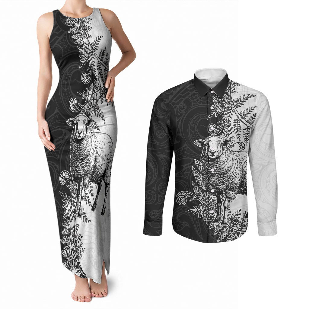 New Zealand Aotearoa Hipi Couples Matching Tank Maxi Dress and Long Sleeve Button Shirt Maori Pattern