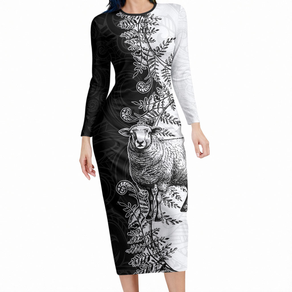 New Zealand Aotearoa Hipi Long Sleeve Bodycon Dress Maori Pattern