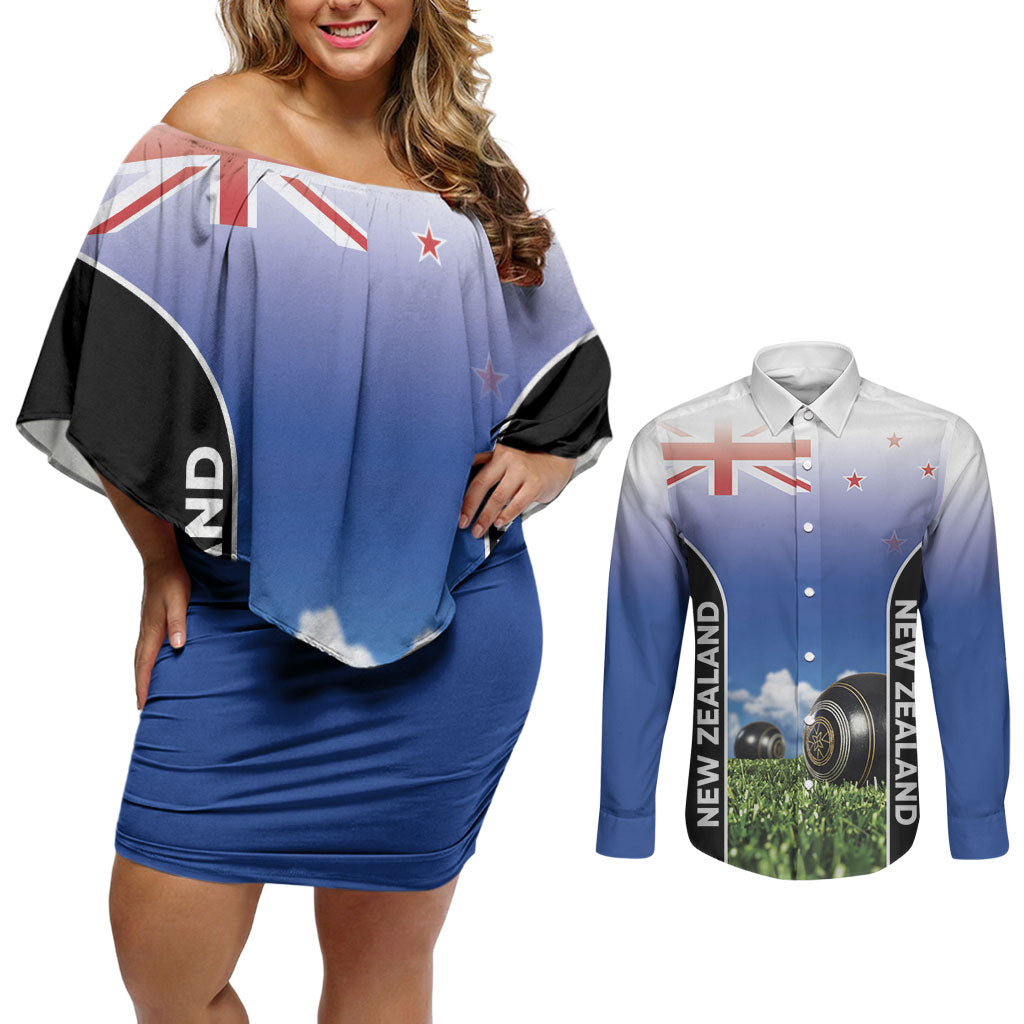 Custom New Zealand Lawn Bowls Couples Matching Off Shoulder Short Dress and Long Sleeve Button Shirt Unique Style