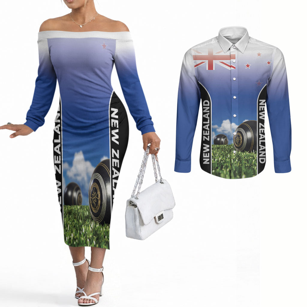 Custom New Zealand Lawn Bowls Couples Matching Off The Shoulder Long Sleeve Dress and Long Sleeve Button Shirt Unique Style