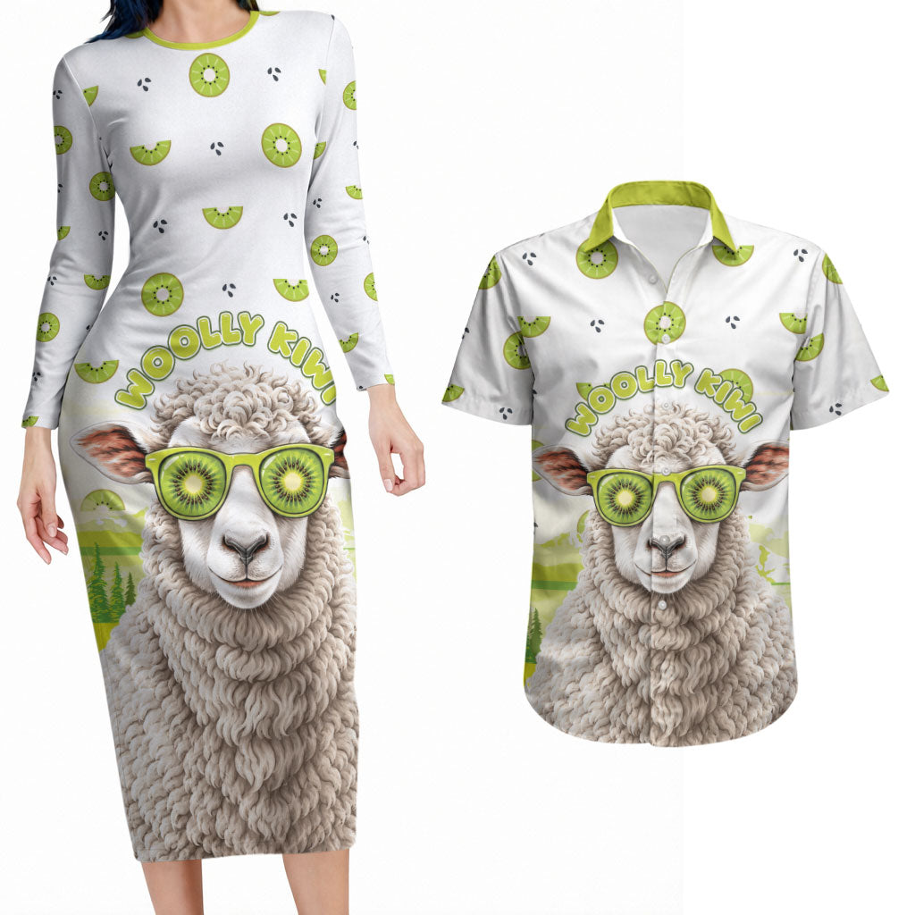 New Zealand Funny Woolly Kiwi Sheep Couples Matching Long Sleeve Bodycon Dress and Hawaiian Shirt