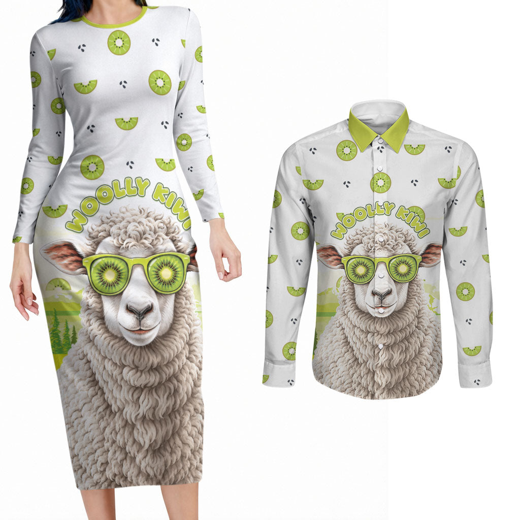New Zealand Funny Woolly Kiwi Sheep Couples Matching Long Sleeve Bodycon Dress and Long Sleeve Button Shirt
