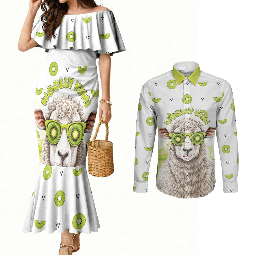 New Zealand Funny Woolly Kiwi Sheep Couples Matching Mermaid Dress and Long Sleeve Button Shirt