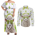 New Zealand Funny Woolly Kiwi Sheep Couples Matching Off Shoulder Maxi Dress and Long Sleeve Button Shirt