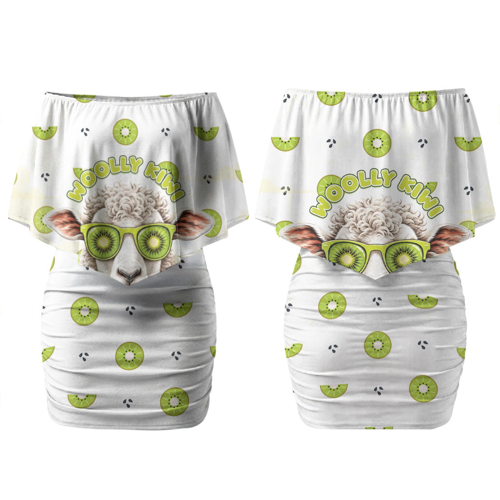 New Zealand Funny Woolly Kiwi Sheep Couples Matching Off Shoulder Short Dress and Hawaiian Shirt