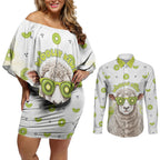 New Zealand Funny Woolly Kiwi Sheep Couples Matching Off Shoulder Short Dress and Long Sleeve Button Shirt