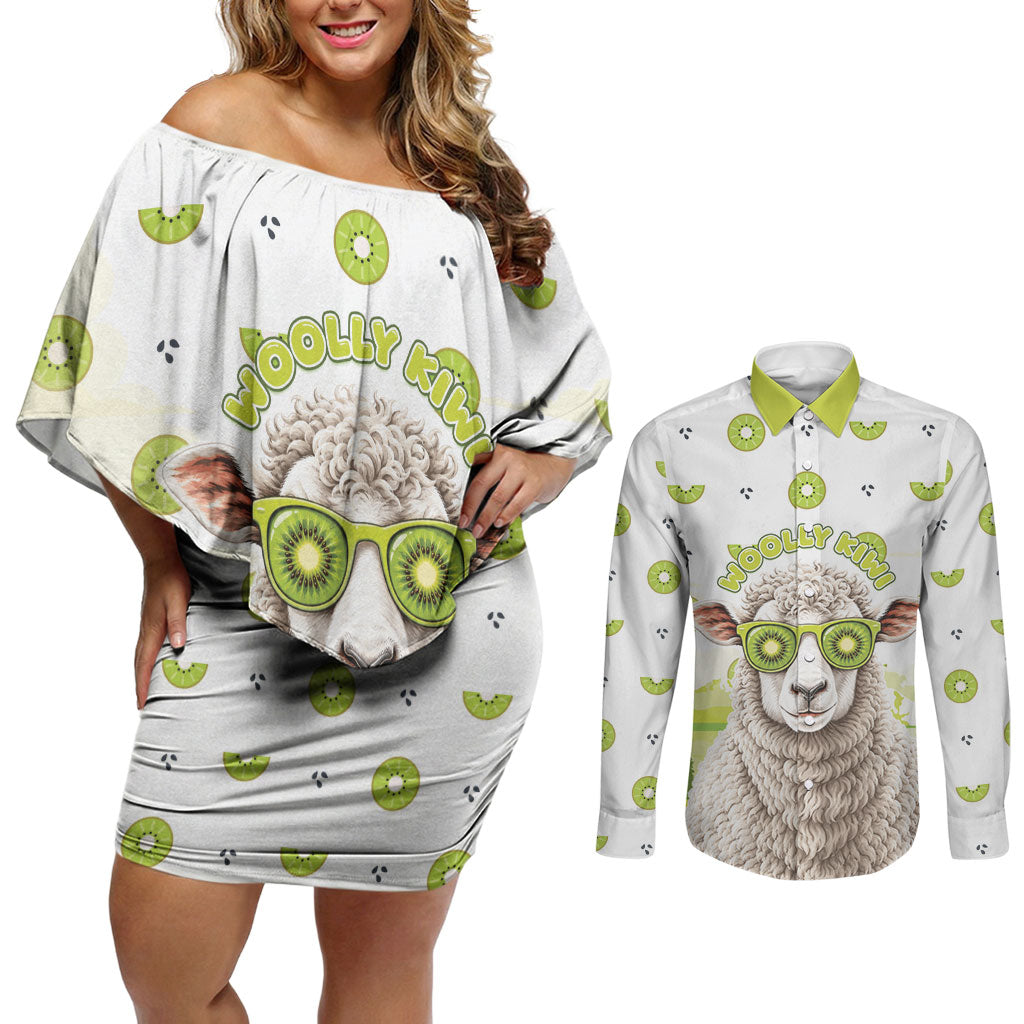 New Zealand Funny Woolly Kiwi Sheep Couples Matching Off Shoulder Short Dress and Long Sleeve Button Shirt