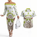 New Zealand Funny Woolly Kiwi Sheep Couples Matching Off The Shoulder Long Sleeve Dress and Hawaiian Shirt