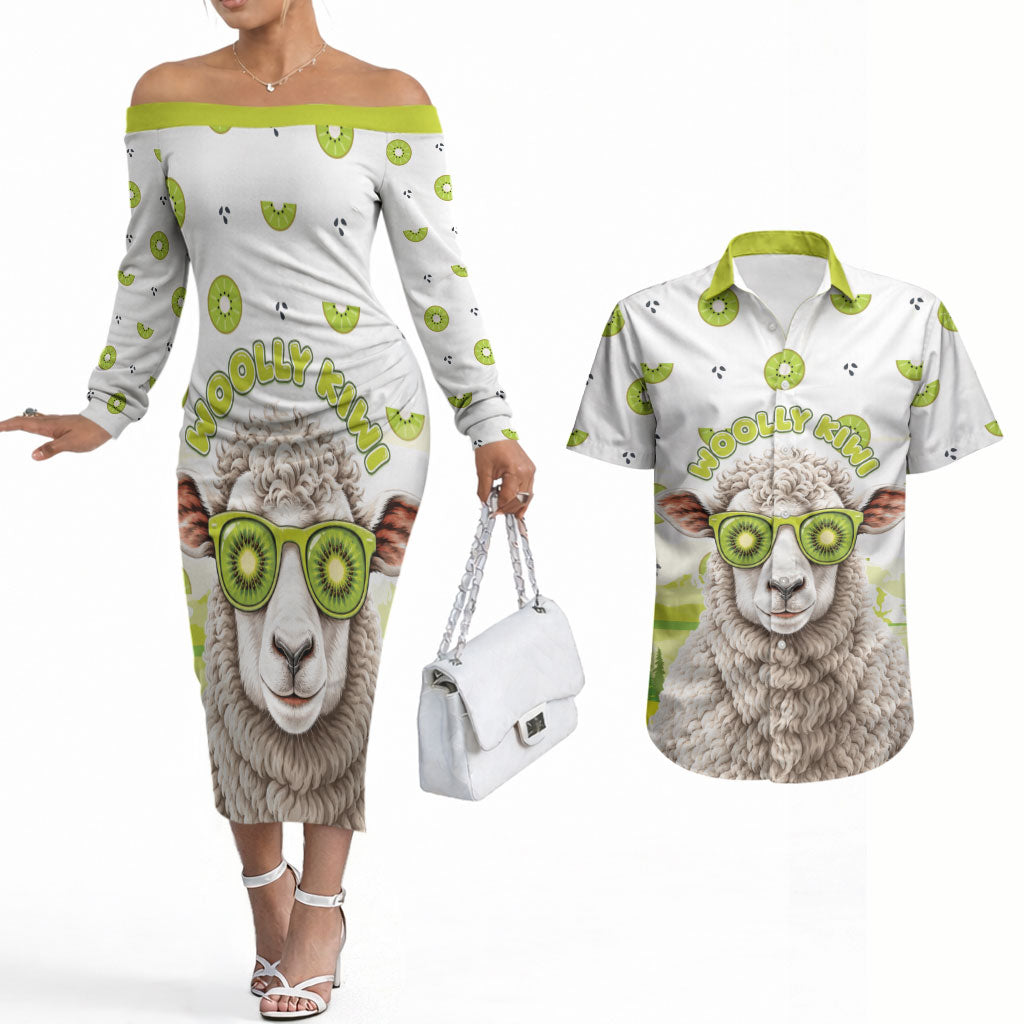 New Zealand Funny Woolly Kiwi Sheep Couples Matching Off The Shoulder Long Sleeve Dress and Hawaiian Shirt