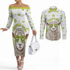 New Zealand Funny Woolly Kiwi Sheep Couples Matching Off The Shoulder Long Sleeve Dress and Long Sleeve Button Shirt