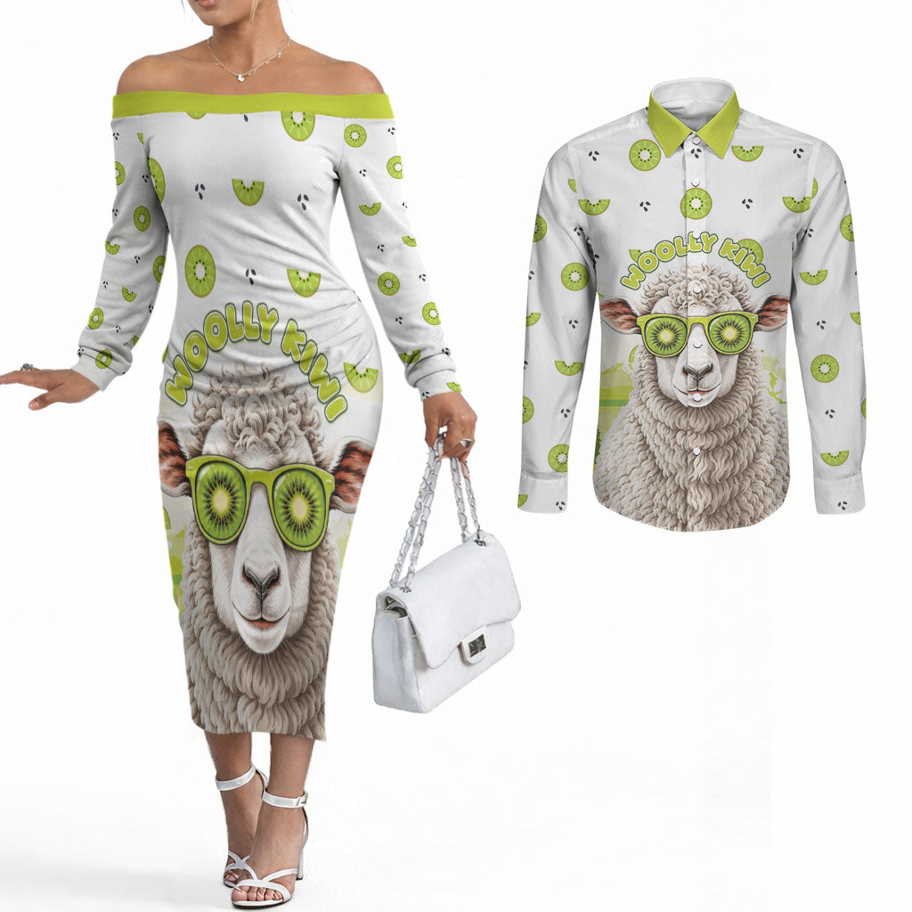 New Zealand Funny Woolly Kiwi Sheep Couples Matching Off The Shoulder Long Sleeve Dress and Long Sleeve Button Shirt