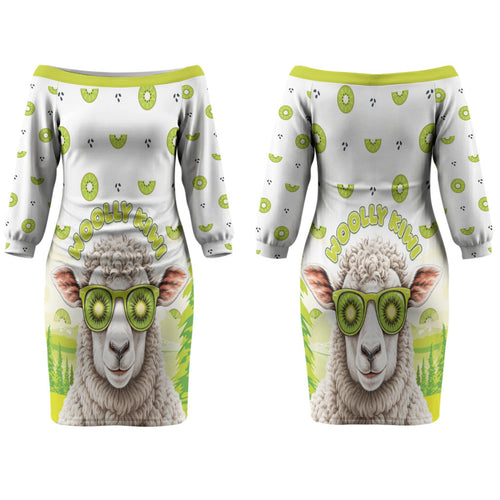 New Zealand Funny Woolly Kiwi Sheep Couples Matching Off The Shoulder Long Sleeve Dress and Long Sleeve Button Shirt